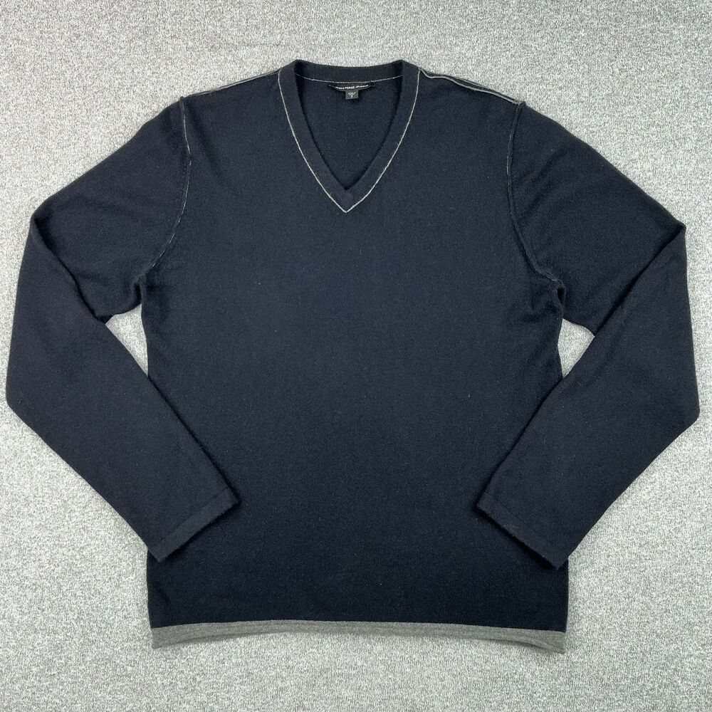 James Perse Men's 100% Cashmere V-Neck Sweater Size 2 Midnight Blue Grey Trim